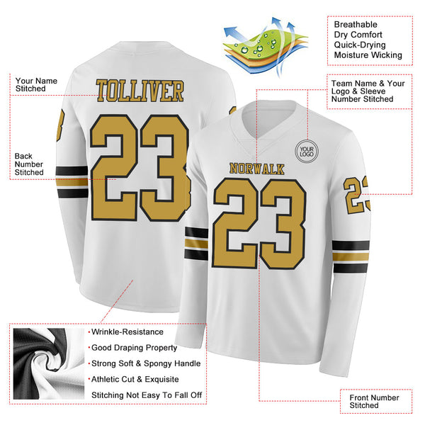 Custom White Old Gold-Black Long Sleeve Authentic Football Jersey alternate
