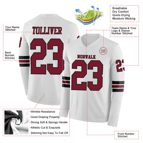 Custom White Crimson-Black Long Sleeve Authentic Football Jersey alternate