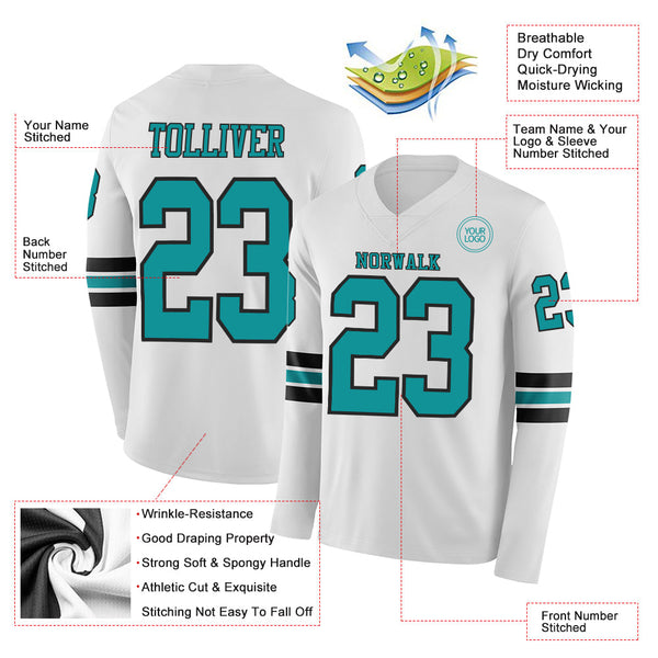 Custom White Teal-Black Long Sleeve Authentic Football Jersey alternate