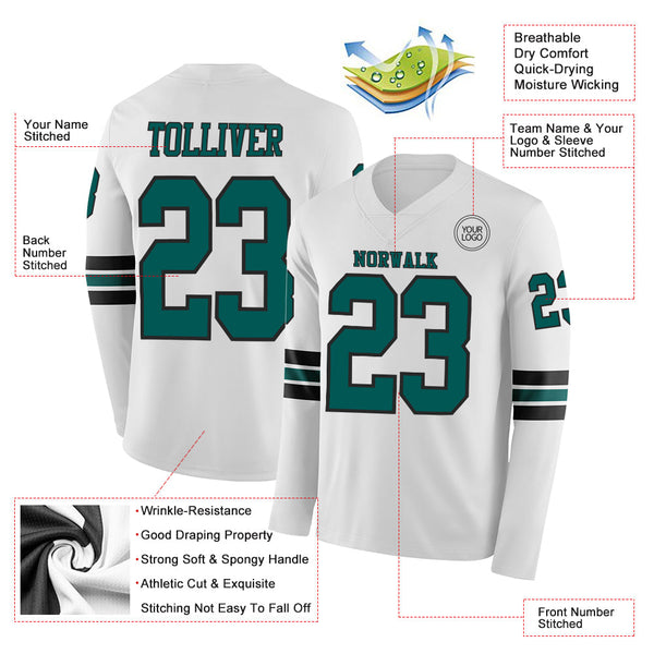 Custom White Midnight Green-Black Long Sleeve Authentic Football Jersey alternate