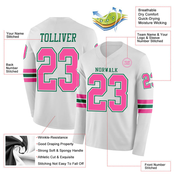 Custom White Pink-Kelly Green Long Sleeve Authentic Football Jersey alternate