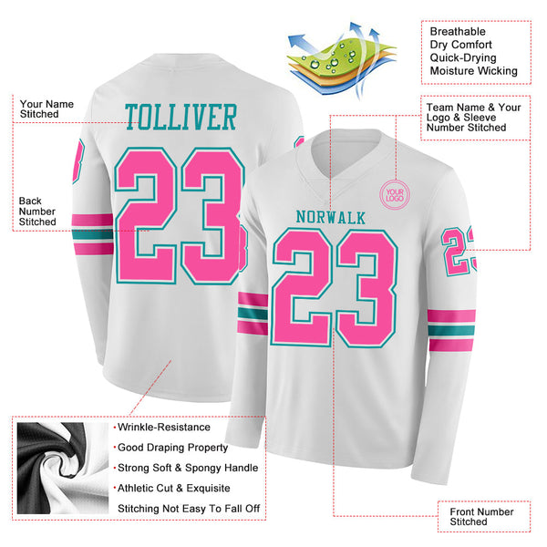 Custom White Pink-Teal Long Sleeve Authentic Football Jersey alternate