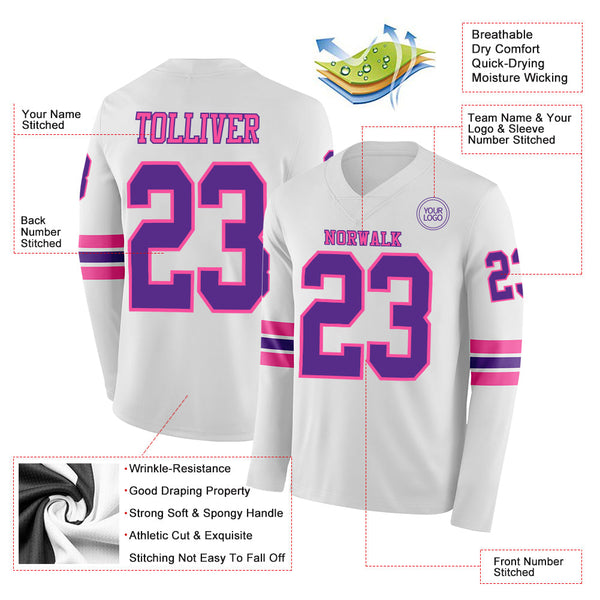 Custom White Purple-Pink Long Sleeve Authentic Football Jersey alternate
