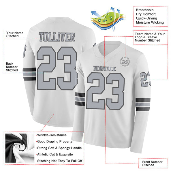 Custom White Gray-Steel Gray Long Sleeve Authentic Football Jersey alternate