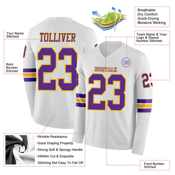 Custom White Purple-Gold Long Sleeve Authentic Football Jersey alternate
