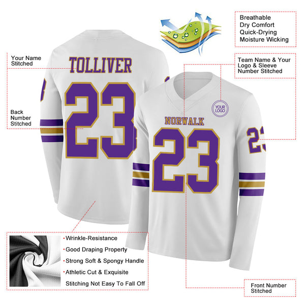 Custom White Purple-Old Gold Long Sleeve Authentic Football Jersey alternate