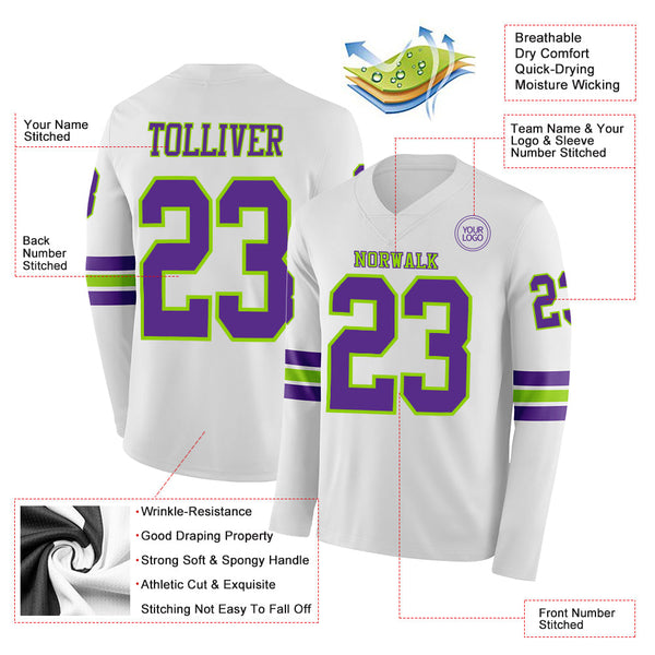 Custom White Purple-Neon Green Long Sleeve Authentic Football Jersey alternate