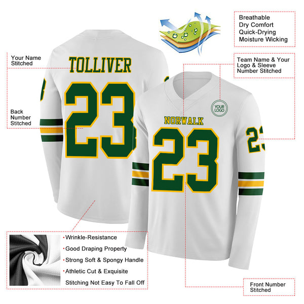 Custom White Green-Gold Long Sleeve Authentic Football Jersey alternate