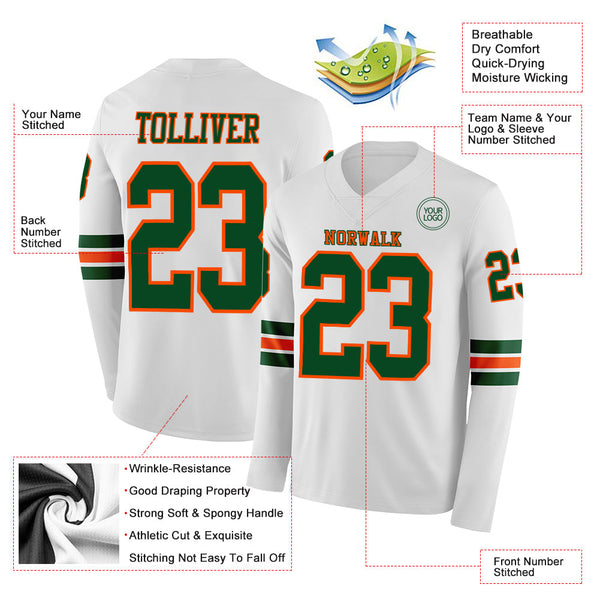 Custom White Green-Orange Long Sleeve Authentic Football Jersey alternate
