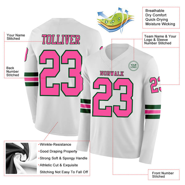 Custom White Pink-Green Long Sleeve Authentic Football Jersey alternate