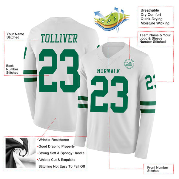Custom White Kelly Green Long Sleeve Authentic Football Jersey alternate