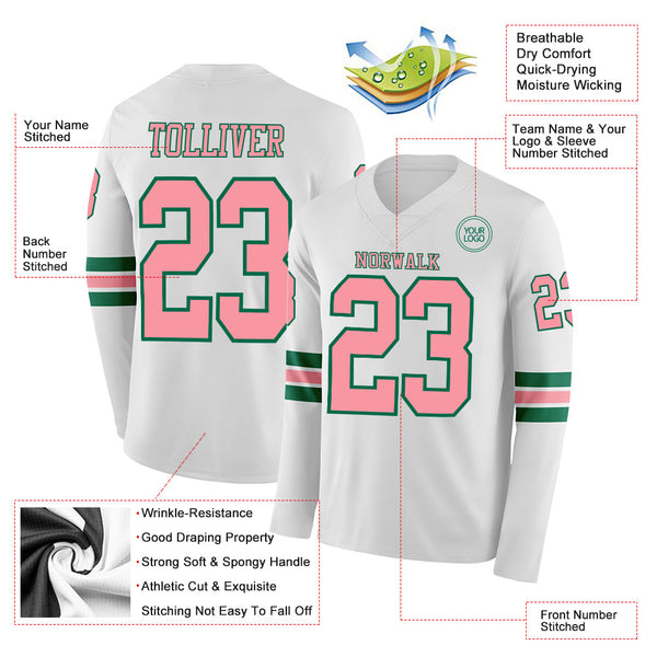 Custom White Medium Pink-Kelly Green Long Sleeve Authentic Football Jersey alternate