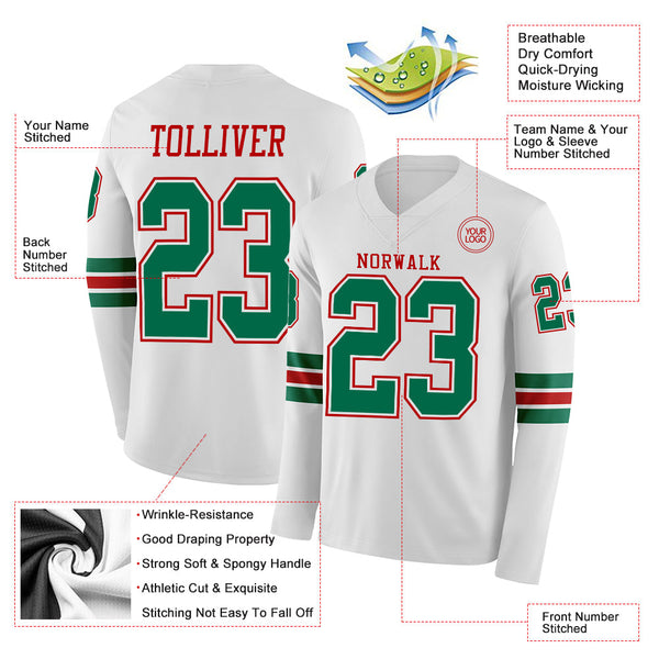 Custom White Kelly Green-Red Long Sleeve Authentic Football Jersey alternate