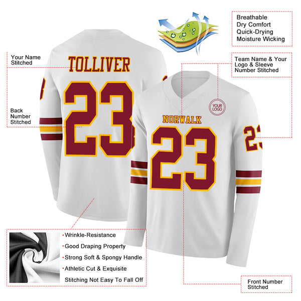 Custom White Crimson-Gold Long Sleeve Authentic Football Jersey alternate