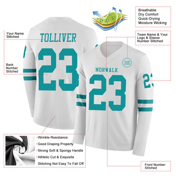 Custom White Teal Long Sleeve Authentic Football Jersey alternate
