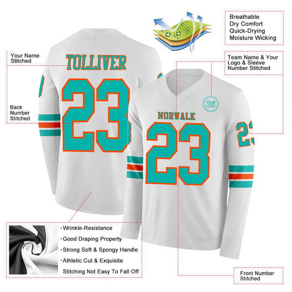 Custom White Aqua-Orange Long Sleeve Authentic Football Jersey alternate