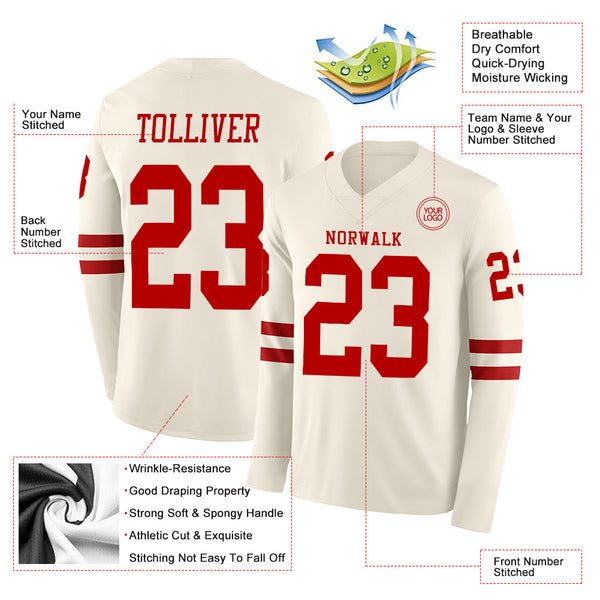 Custom Cream Red Long Sleeve Authentic Football Jersey alternate