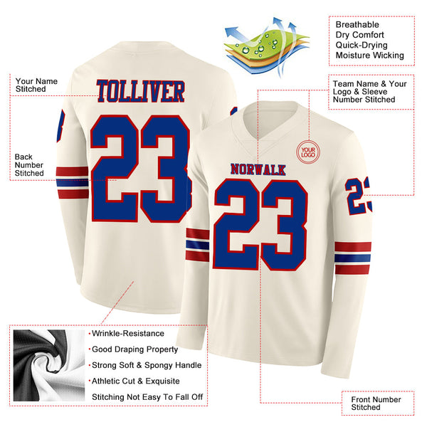 Custom Cream Royal-Red Long Sleeve Authentic Football Jersey alternate