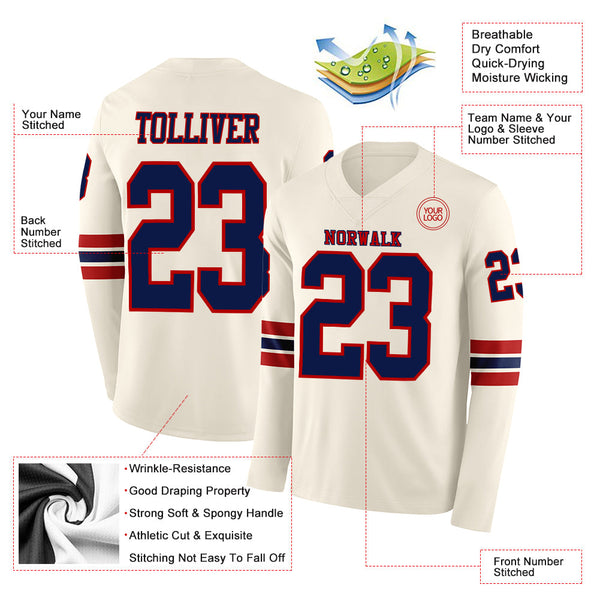 Custom Cream Navy-Red Long Sleeve Authentic Football Jersey alternate