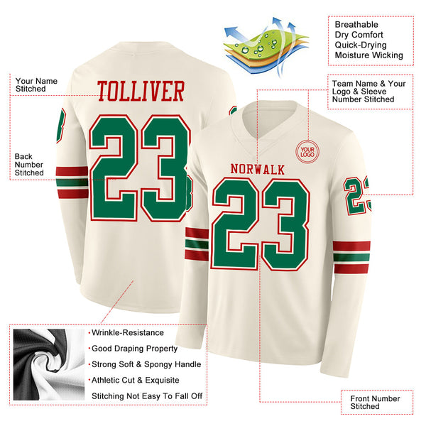Custom Cream Kelly Green-Red Long Sleeve Authentic Football Jersey alternate
