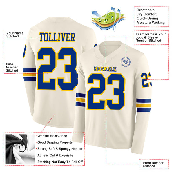 Custom Cream Royal-Yellow Long Sleeve Authentic Football Jersey alternate