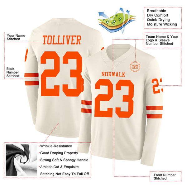 Custom Cream Orange Long Sleeve Authentic Football Jersey alternate