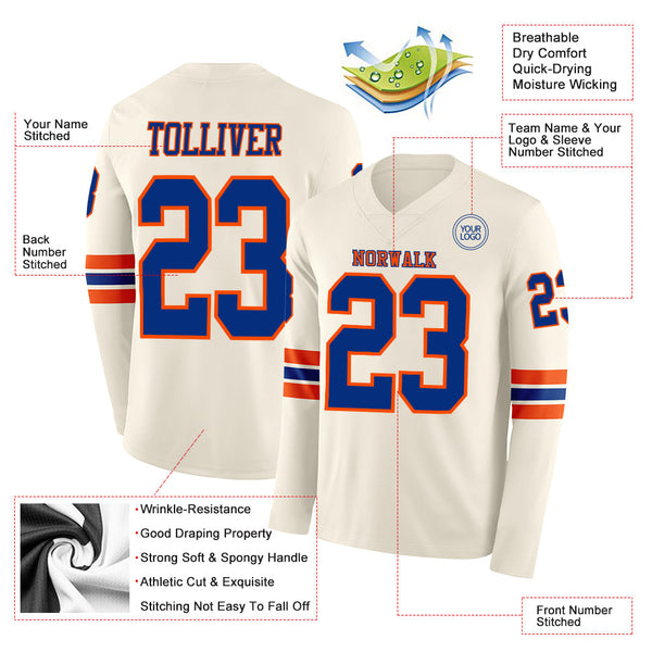 Custom Cream Royal-Orange Long Sleeve Authentic Football Jersey alternate