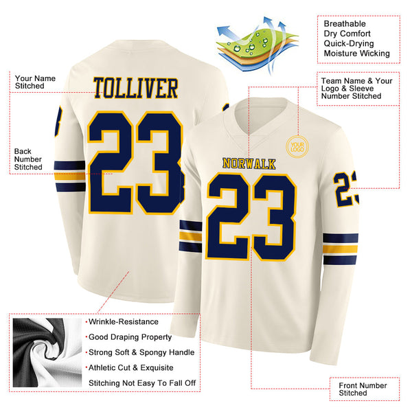 Custom Cream Navy-Gold Long Sleeve Authentic Football Jersey alternate