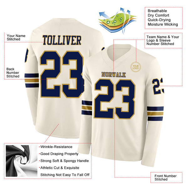 Custom Cream Navy-Old Gold Long Sleeve Authentic Football Jersey alternate
