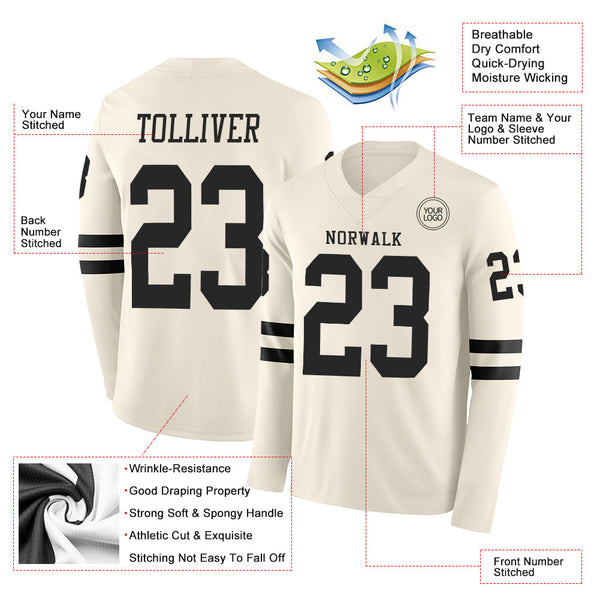 Custom Cream Black Long Sleeve Authentic Football Jersey alternate