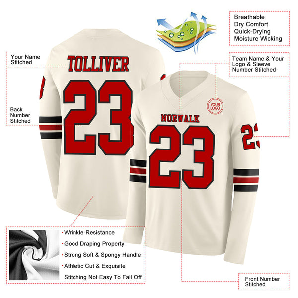 Custom Cream Red-Black Long Sleeve Authentic Football Jersey alternate