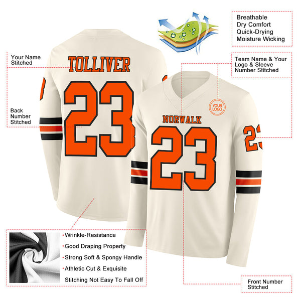 Custom Cream Orange-Black Long Sleeve Authentic Football Jersey alternate