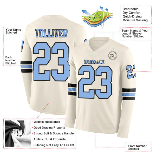 Custom Cream Light Blue-Black Long Sleeve Authentic Football Jersey alternate