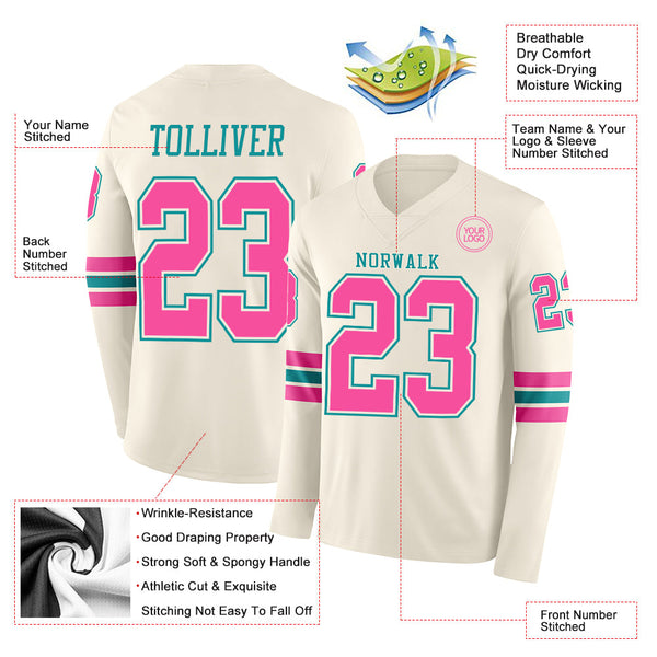 Custom Cream Pink-Teal Long Sleeve Authentic Football Jersey alternate