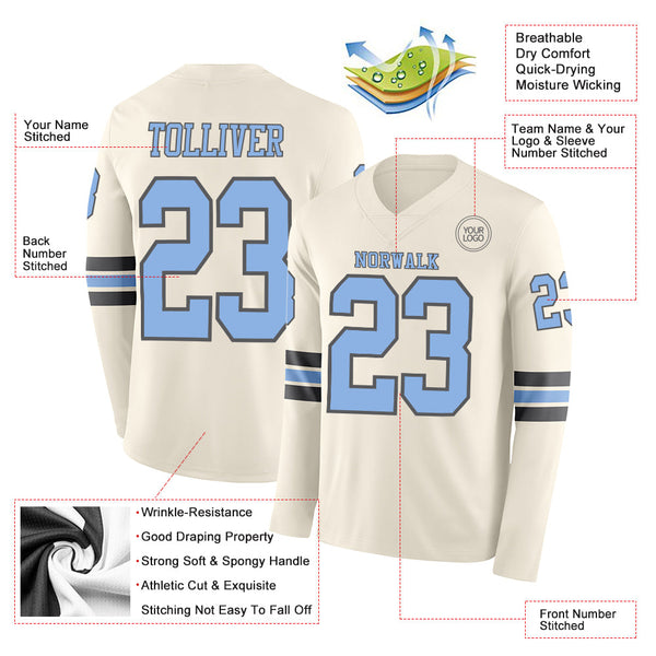 Custom Cream Light Blue-Steel Gray Long Sleeve Authentic Football Jersey alternate
