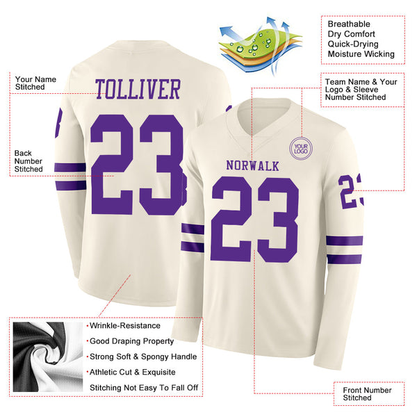 Custom Cream Purple Long Sleeve Authentic Football Jersey alternate