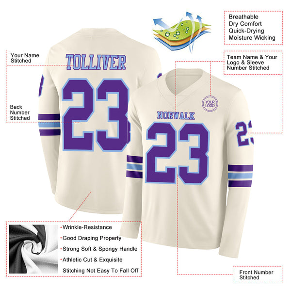 Custom Cream Purple-Light Blue Long Sleeve Authentic Football Jersey alternate