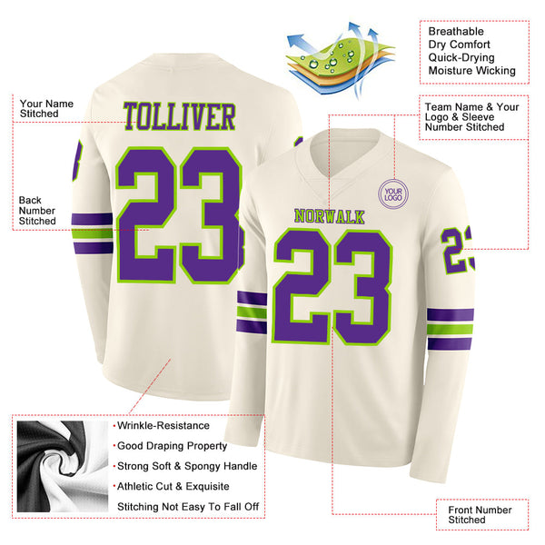 Custom Cream Purple-Neon Green Long Sleeve Authentic Football Jersey alternate