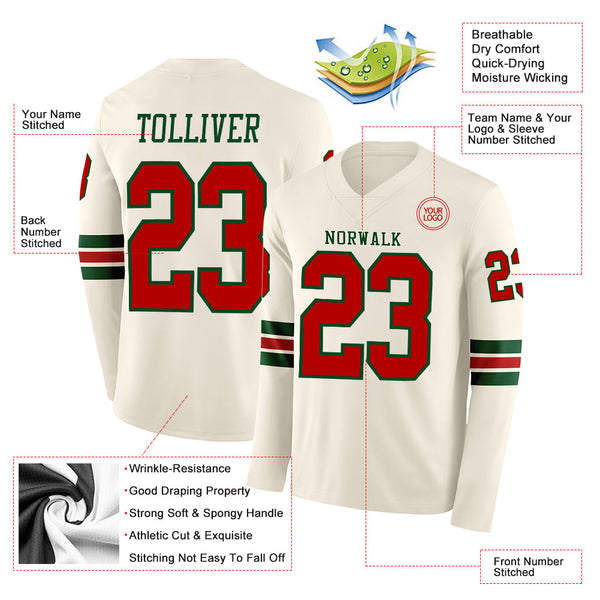 Custom Cream Red-Green Long Sleeve Authentic Football Jersey alternate