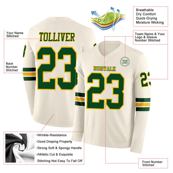 Custom Cream Green-Gold Long Sleeve Authentic Football Jersey alternate