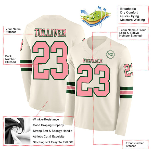 Custom Cream Medium Pink-Green Long Sleeve Authentic Football Jersey alternate