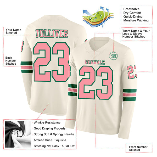 Custom Cream Medium Pink-Kelly Green Long Sleeve Authentic Football Jersey alternate