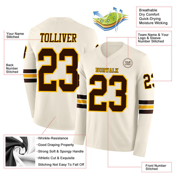 Custom Cream Brown-Gold Long Sleeve Authentic Football Jersey alternate