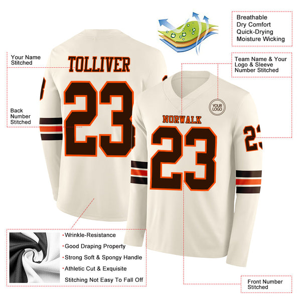 Custom Cream Brown-Orange Long Sleeve Authentic Football Jersey alternate