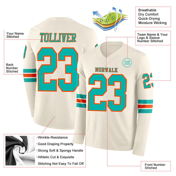 Custom Cream Aqua-Orange Long Sleeve Authentic Football Jersey alternate