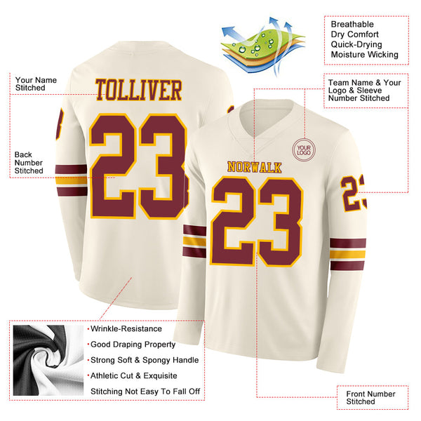 Custom Cream Burgundy-Gold Long Sleeve Authentic Football Jersey alternate