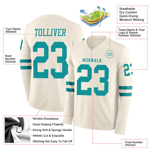 Custom Cream Teal Long Sleeve Authentic Football Jersey alternate