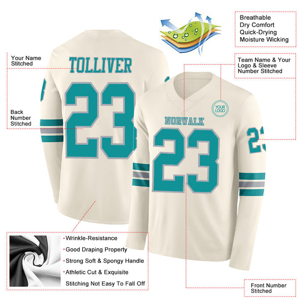 Custom Cream Teal-Gray Long Sleeve Authentic Football Jersey alternate