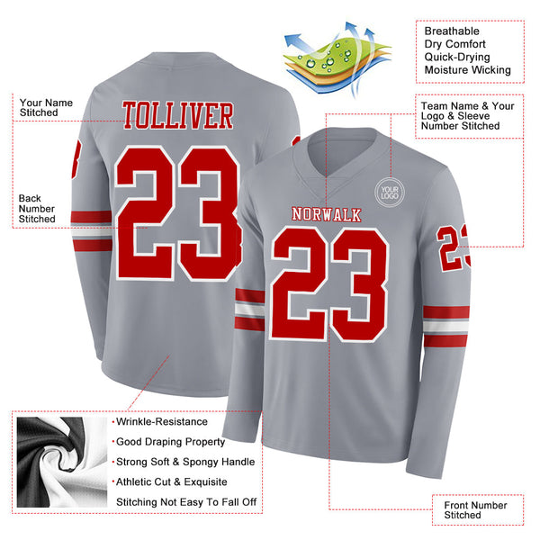 Custom Gray Red-White Long Sleeve Authentic Football Jersey alternate