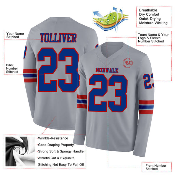 Custom Gray Royal-Red Long Sleeve Authentic Football Jersey alternate